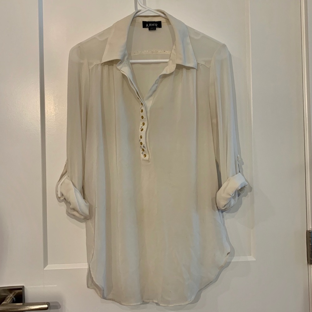 Cream chiffon convertible long sleeve shirt.